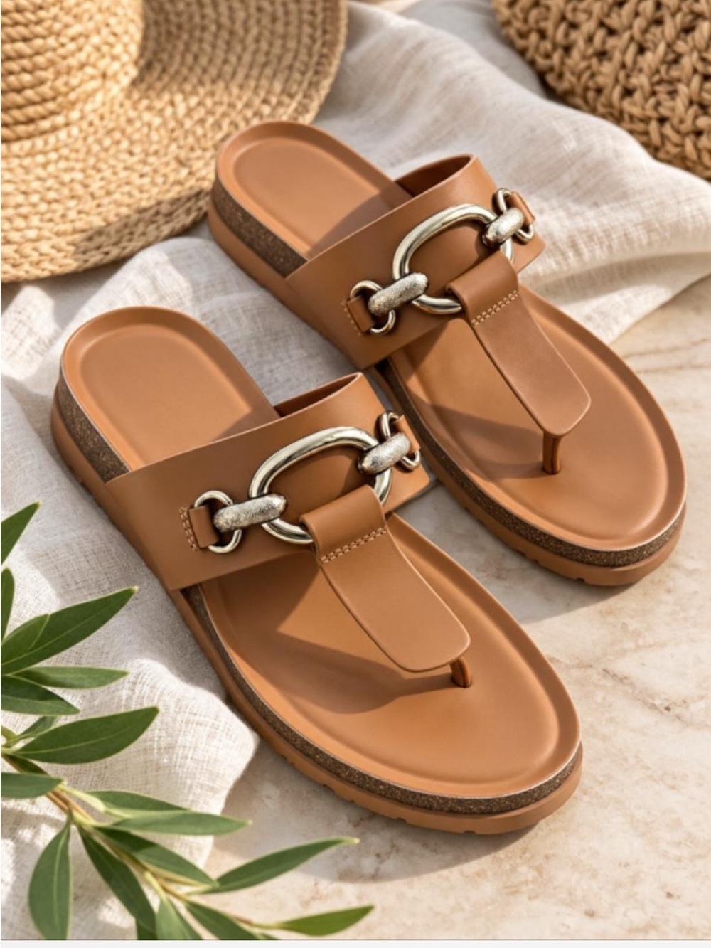 Franco Sarto Tan Leather Toe-Post Slide Sandals with Chain